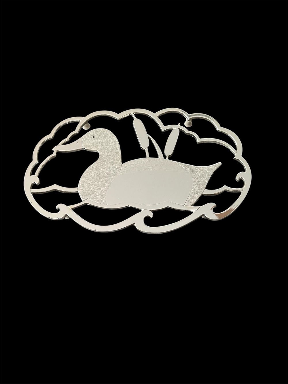 Vintage Silver-tone Mallard Duck Trivet Hot Pad with Hook for Wall Hanging
